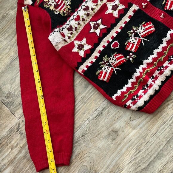 Vintage Sweater Christmas Women's Medium Holiday Cardigan Zip Embroidered Red - Picture 6 of 8